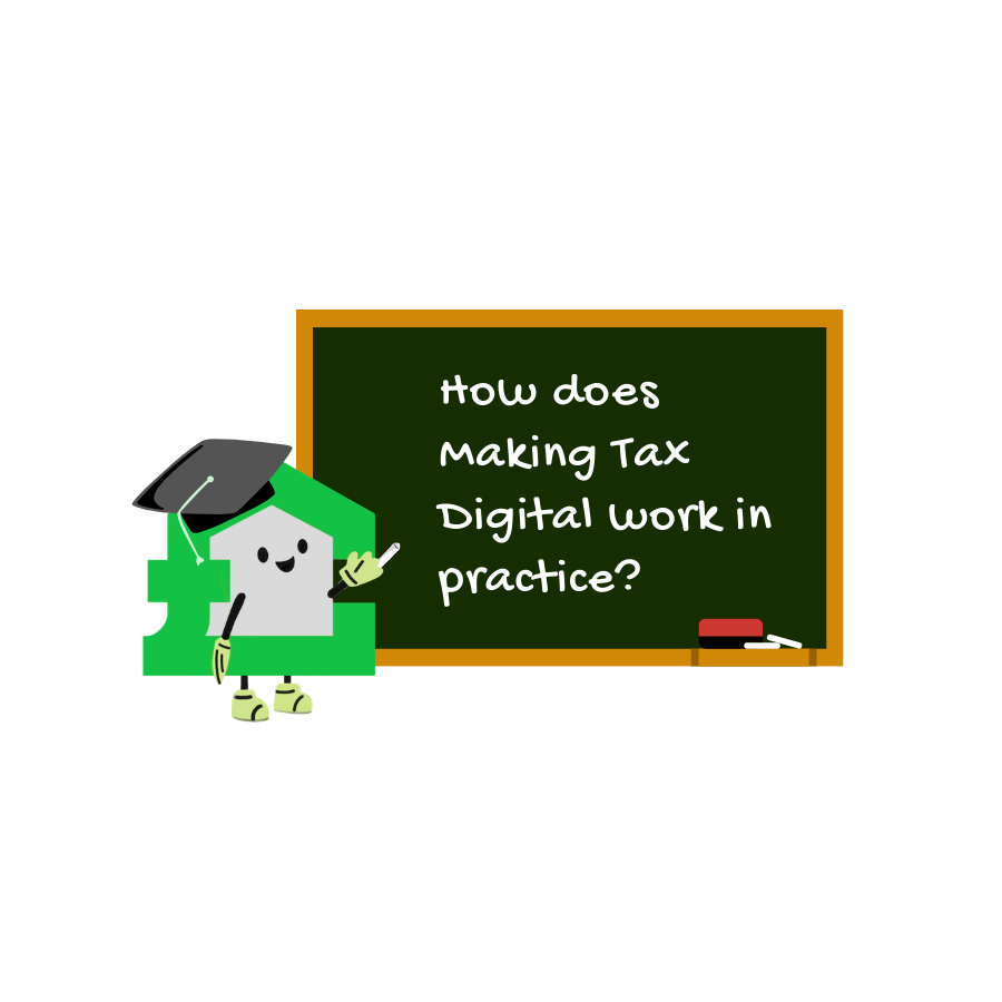 A green pound-symbol character with a mortarboard points to a chalkboard that asks: 