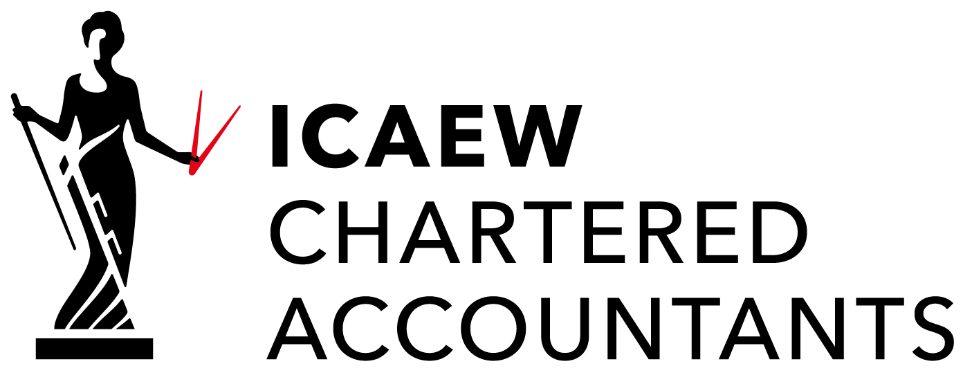 Logo for ICAEW Chartered Accountants, featuring a stylized silhouette of Justice and the organization's name in black text.