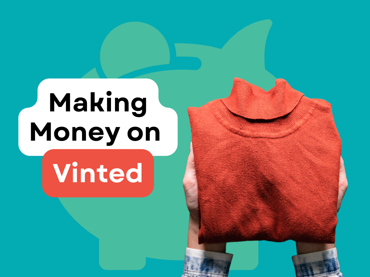 Hands hold a folded orange sweater against a teal background with a piggy bank icon and text: 
