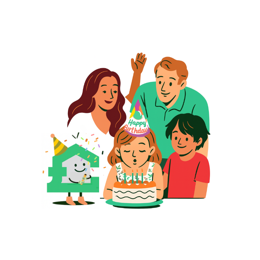 A family celebrates a birthday with a cake, while a stylized, green house-shaped character wearing a party hat joins in.