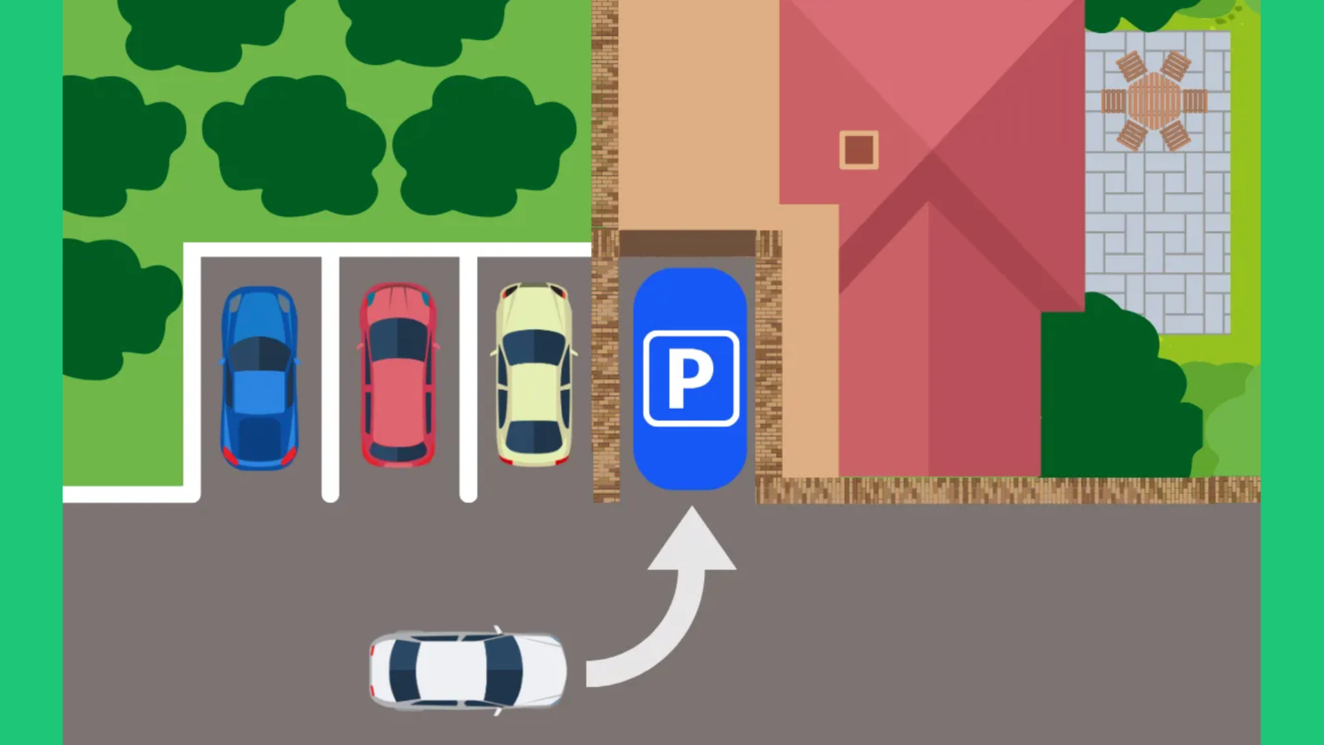 A white car maneuvering to park in a designated blue spot next to other parked cars and a building.