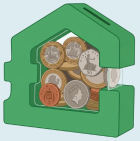 A green, house-shaped piggy bank filled with various British pound coins, featuring the TaxStore logo on the front.