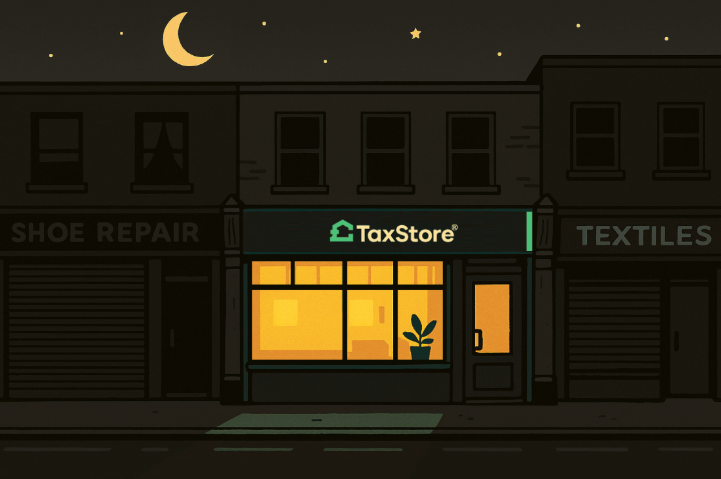 A lit TaxStore storefront at night, flanked by a shoe repair shop and a textiles store under a starry sky.
