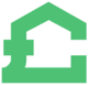 A green, stylized graphic merging the shape of a house roof with the British pound (£) symbol.