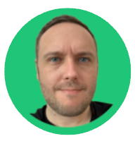 A person with short hair and light stubble facing forward, centered against a solid green circular background.