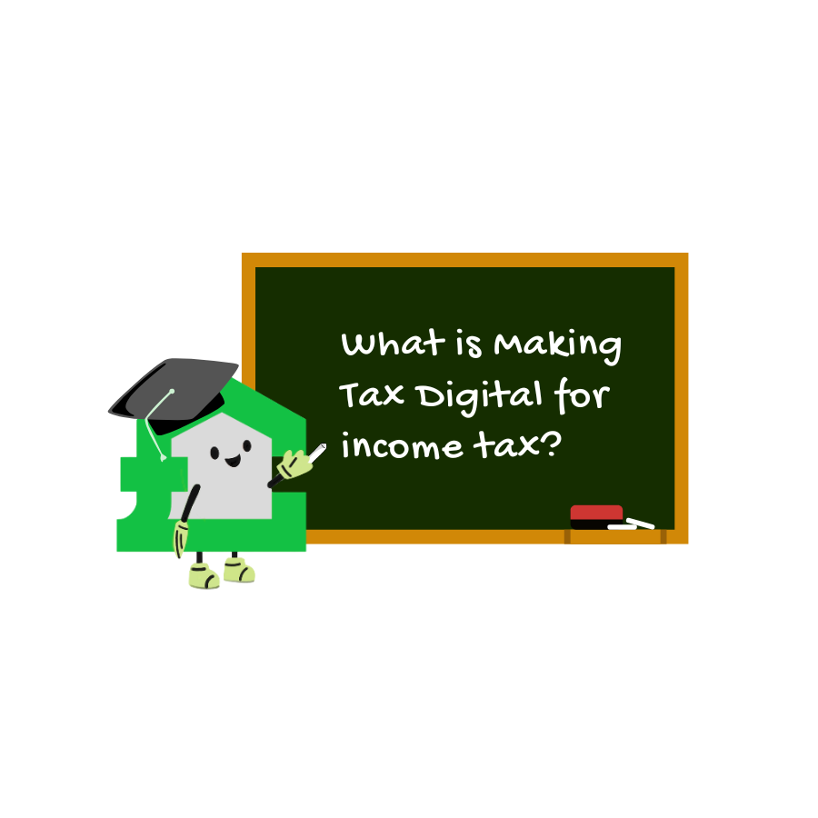 A smiling house-shaped character wearing a graduation cap points to a chalkboard that asks, 