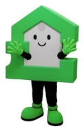 A mascot shaped like a green house with a smiling face, waving both hands while standing on two legs.