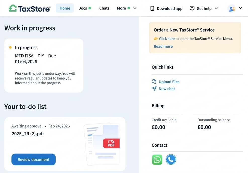 TaxStore client dashboard showing work in progress, a document for review, billing status, and support links.