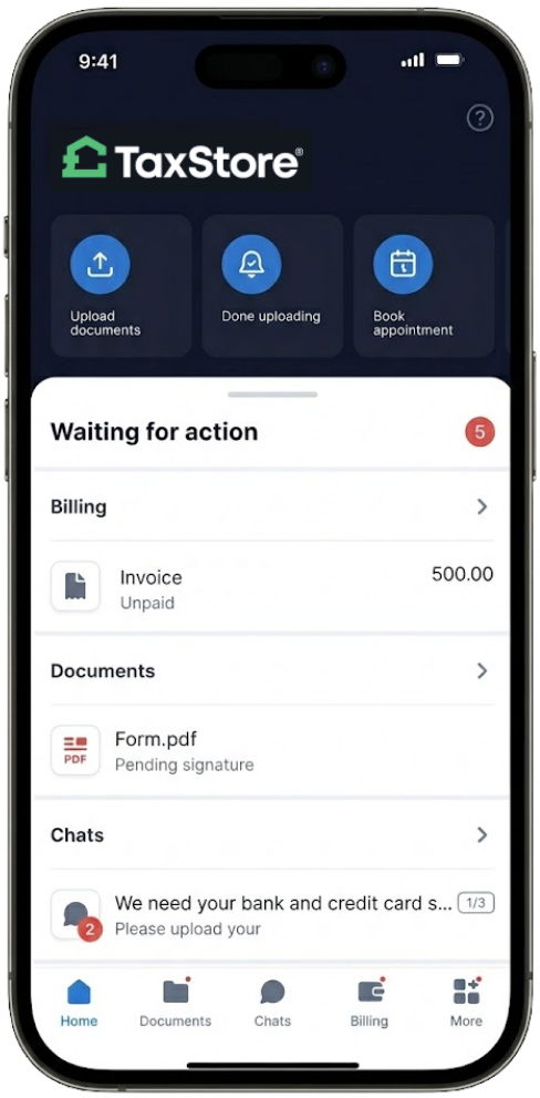 TaxStore mobile app dashboard displaying account alerts, pending documents, billing information, and recent messages.