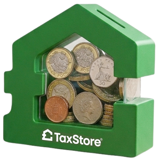 A green, house-shaped money box with a clear front, filled with British coins and branded with 