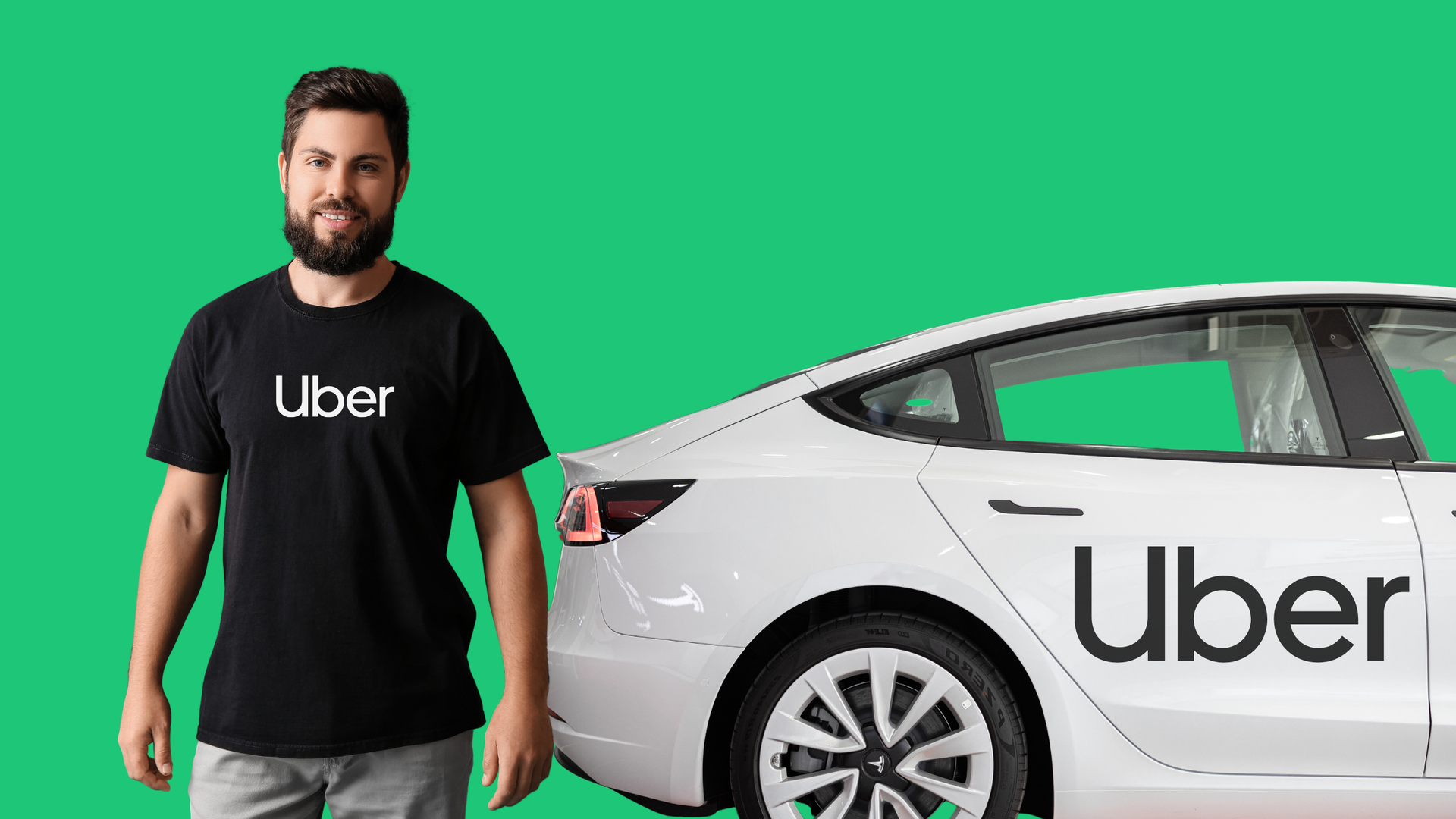 A smiling person wearing a black Uber-branded t-shirt stands next to a white car with an Uber logo against a green backdrop.