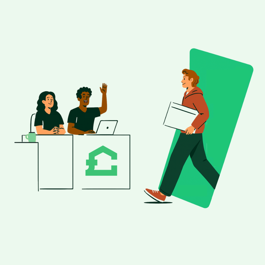 Two people sit at a desk with a pound sign logo, while another person walks through a green doorway carrying a folder.