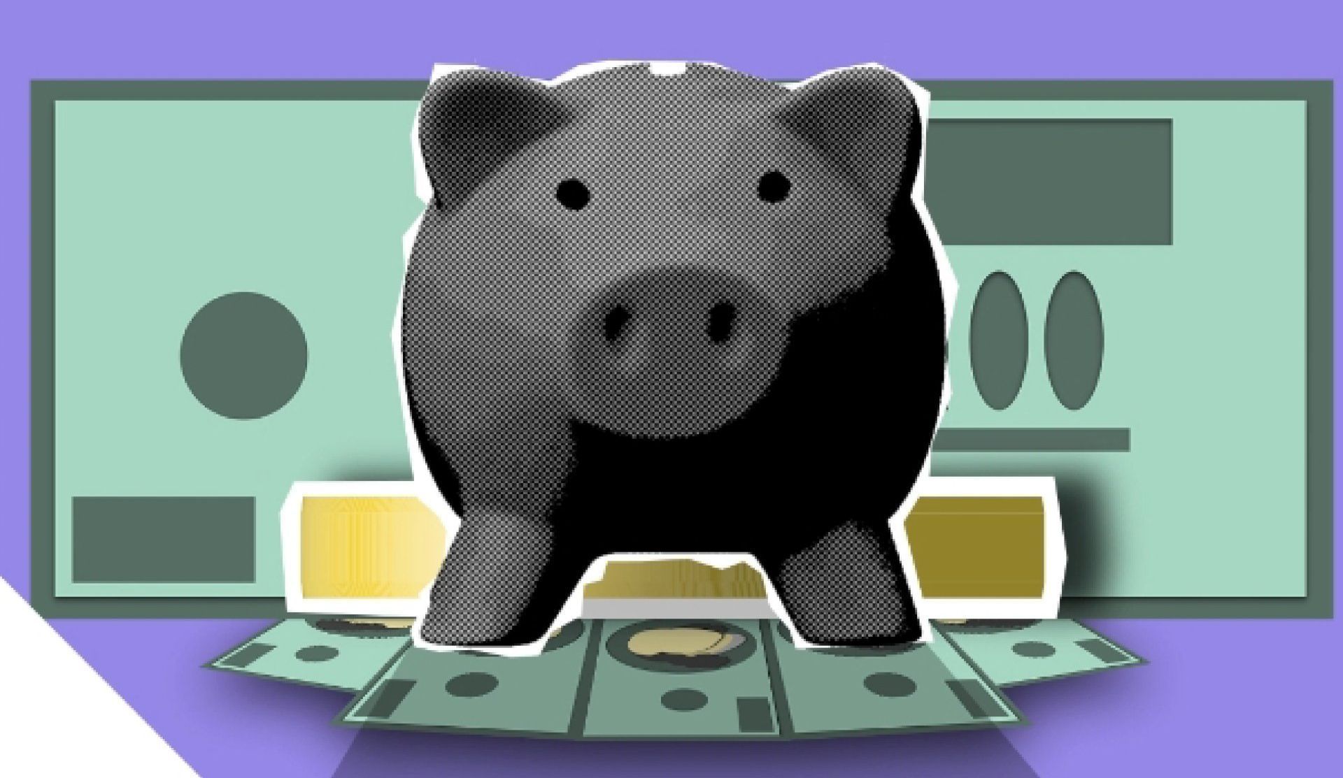A black, dotted-texture piggy bank stands in front of stylized green paper currency on a solid purple background.