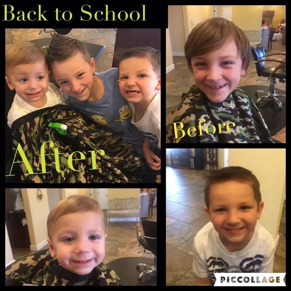 A group of young boys are getting their hair cut