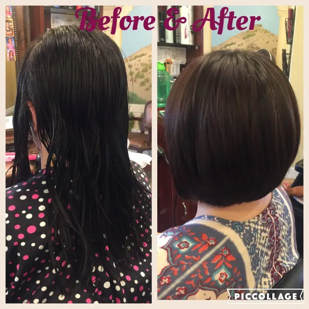 A before and after photo of a woman's haircut