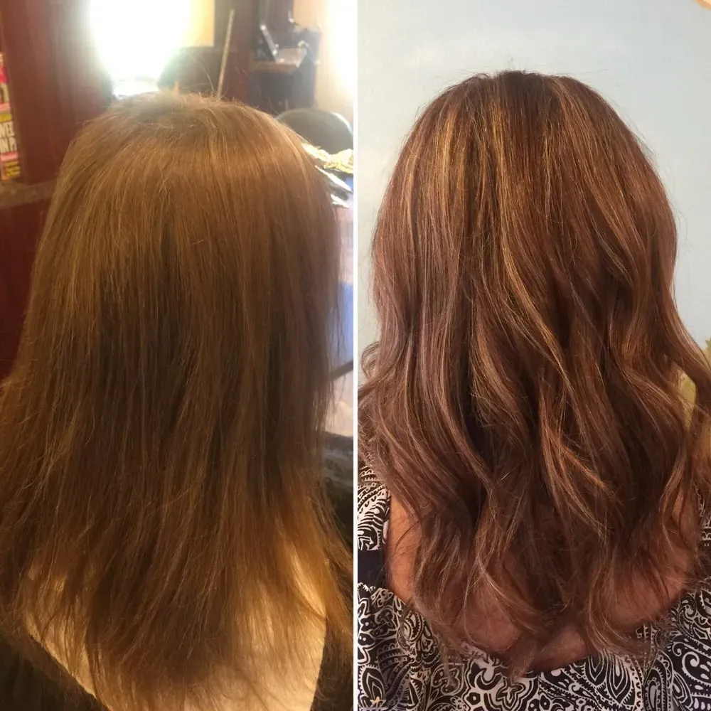 A before and after photo of a woman's hair.