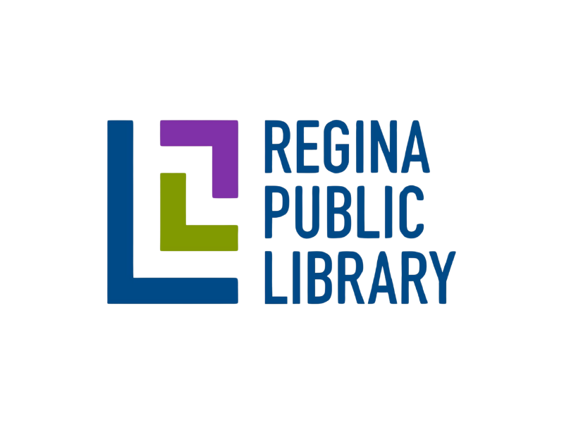 The regina public library logo is blue , green and purple.