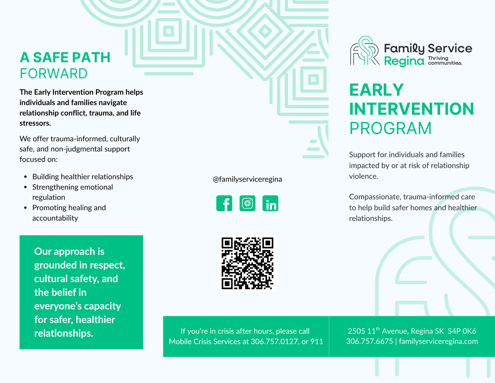 A brochure for Family Service Regina’s Early Intervention Program, detailing services for safer, healthier relationships.