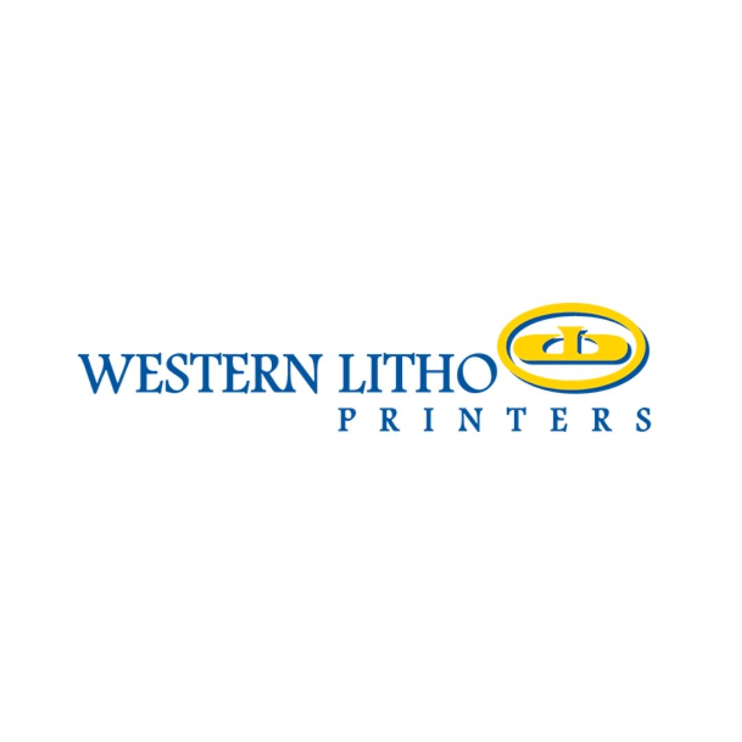 The logo for western litho printers is blue and yellow
