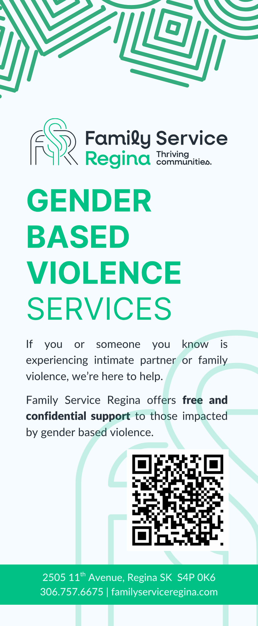 A flyer for Family Service Regina promoting free, confidential gender-based violence support services with a QR code.
