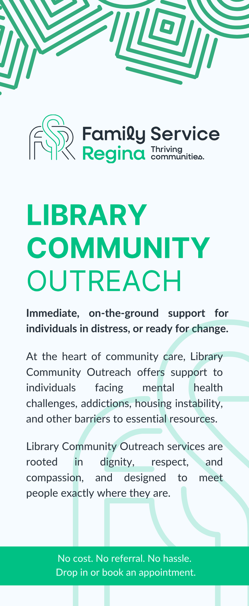 A white and teal vertical banner for Family Service Regina’s Library Community Outreach support program.