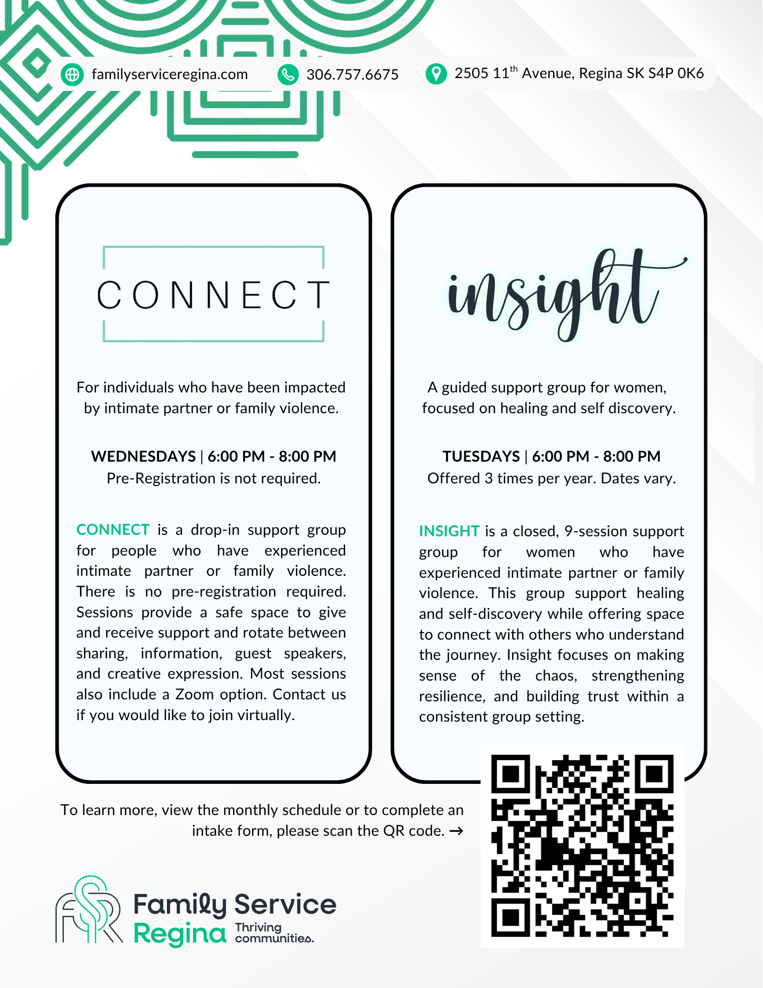 Flyer for Family Service Regina support groups: