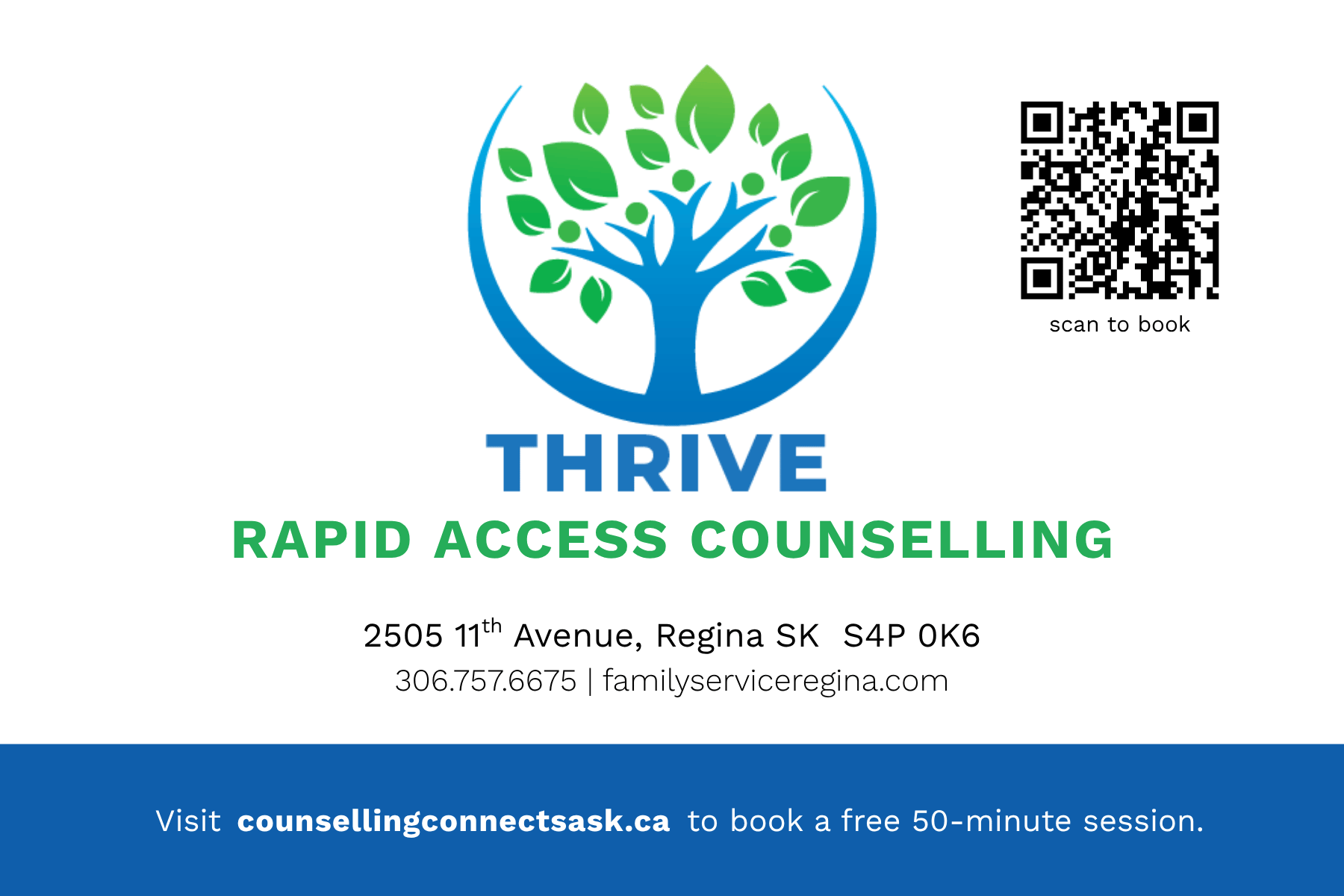 Thrive Rapid Access Counselling logo with address, phone, email, QR code to book, and website in Regina, SK.