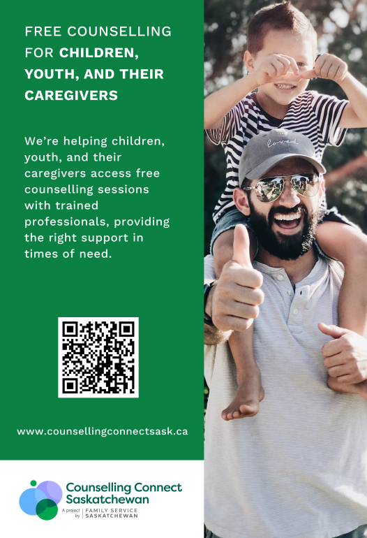A man gives a thumbs-up while carrying a child on his shoulders, next to text for free counselling in Saskatchewan.