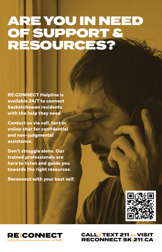 A person in distress holds a phone to their ear. Text overlays provide 211 Saskatchewan support contact information.