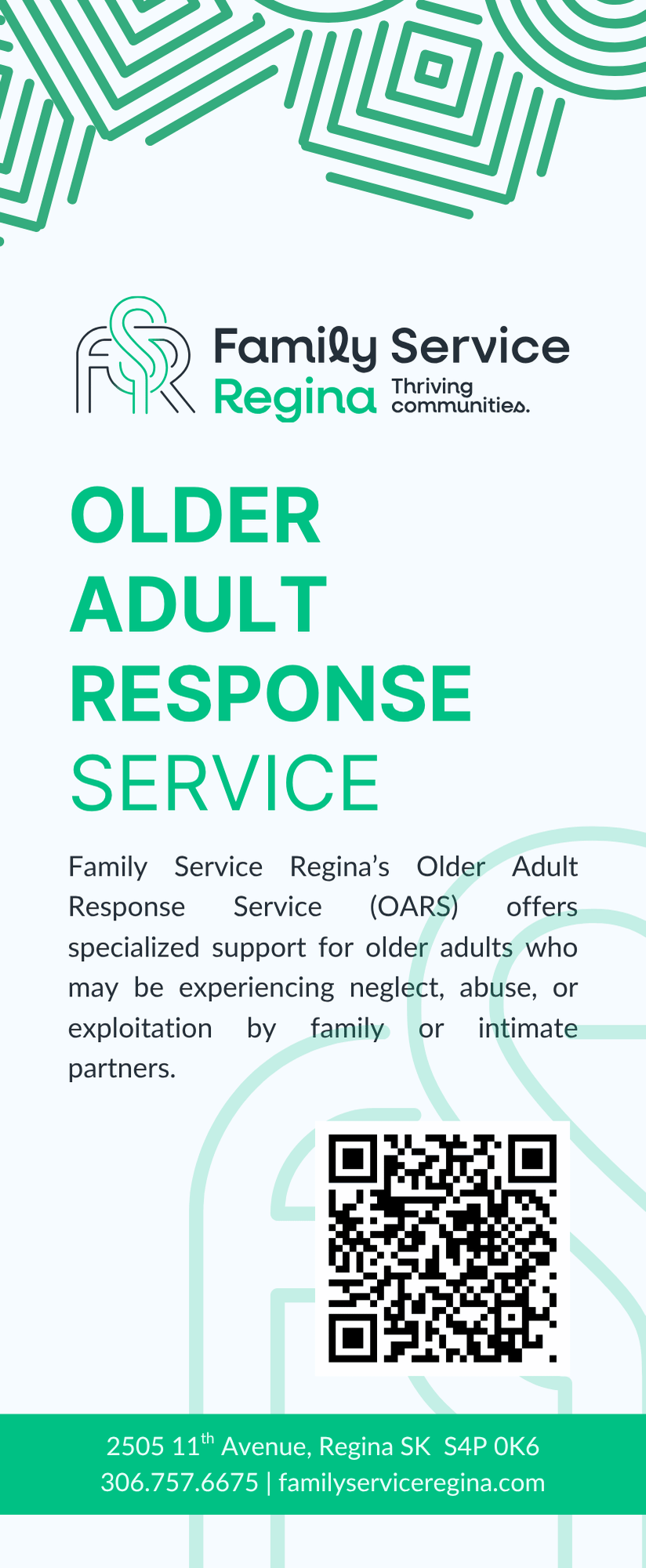 A light blue brochure for Family Service Regina's Older Adult Response Service, featuring contact info and a QR code.