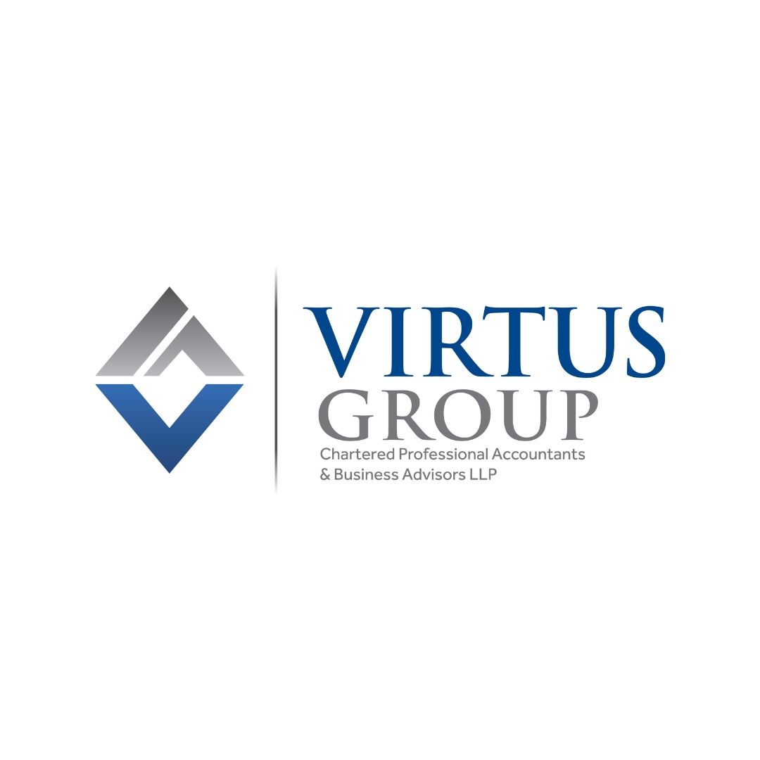A logo for virtus group is shown on a white background.