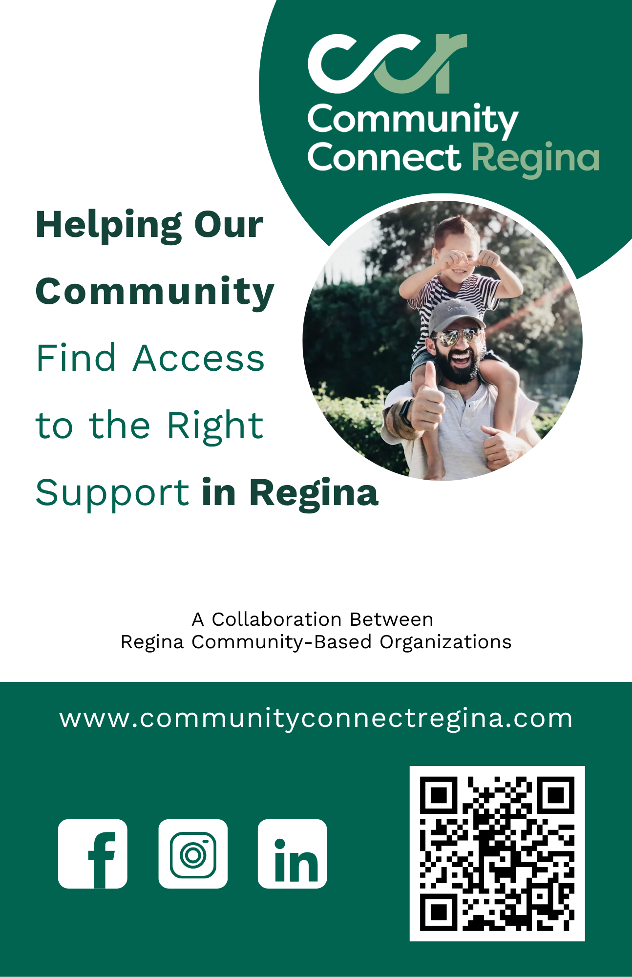 Flyer for Community Connect Regina with a photo of a person carrying a child, a website link, social media icons, and a QR code.