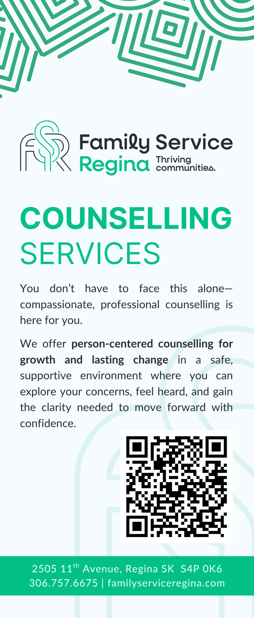 A flyer for Family Service Regina counselling services with text, a QR code, address, and phone number.