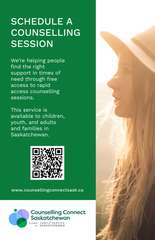 Promotional flyer for Counseling Connect Saskatchewan with a QR code and website link to book free counseling services.