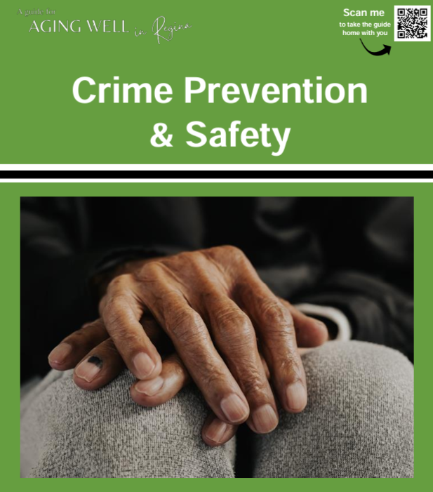 Informational flyer titled Crime Prevention & Safety, featuring close-up hands resting on a lap, on a green background.