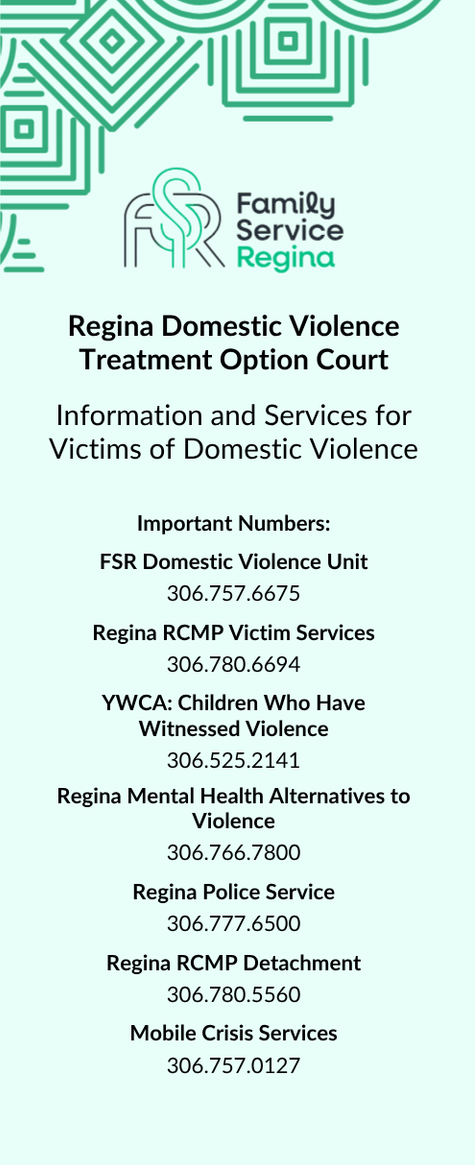 A flyer for Family Service Regina promoting free, confidential gender-based violence support services with a QR code.