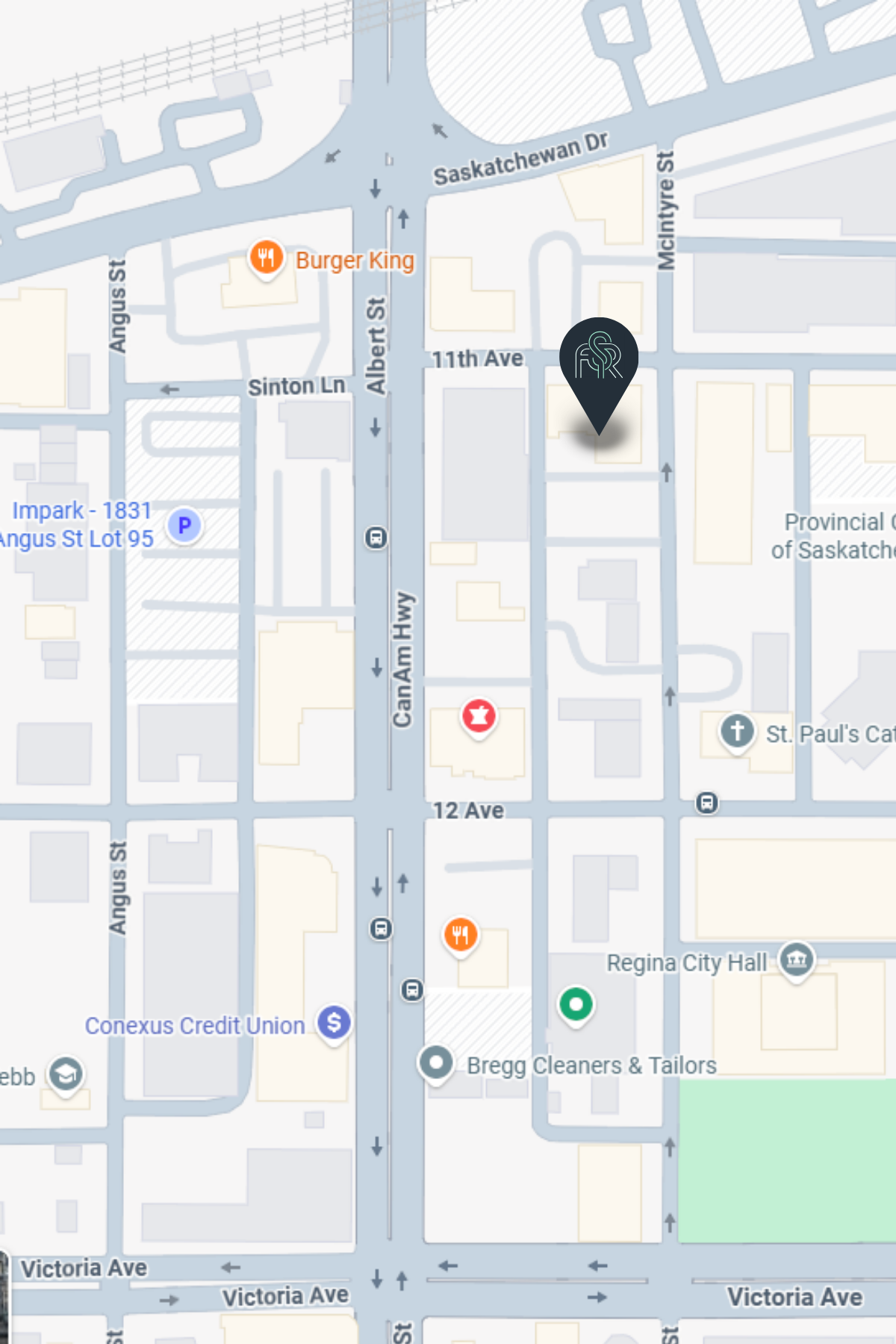 A map view showing city streets and landmarks around Albert Street in Regina, with a location pin marked 