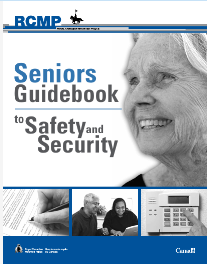 Cover of the RCMP Seniors Guidebook to Safety and Security featuring a smiling person and icons of writing and security.