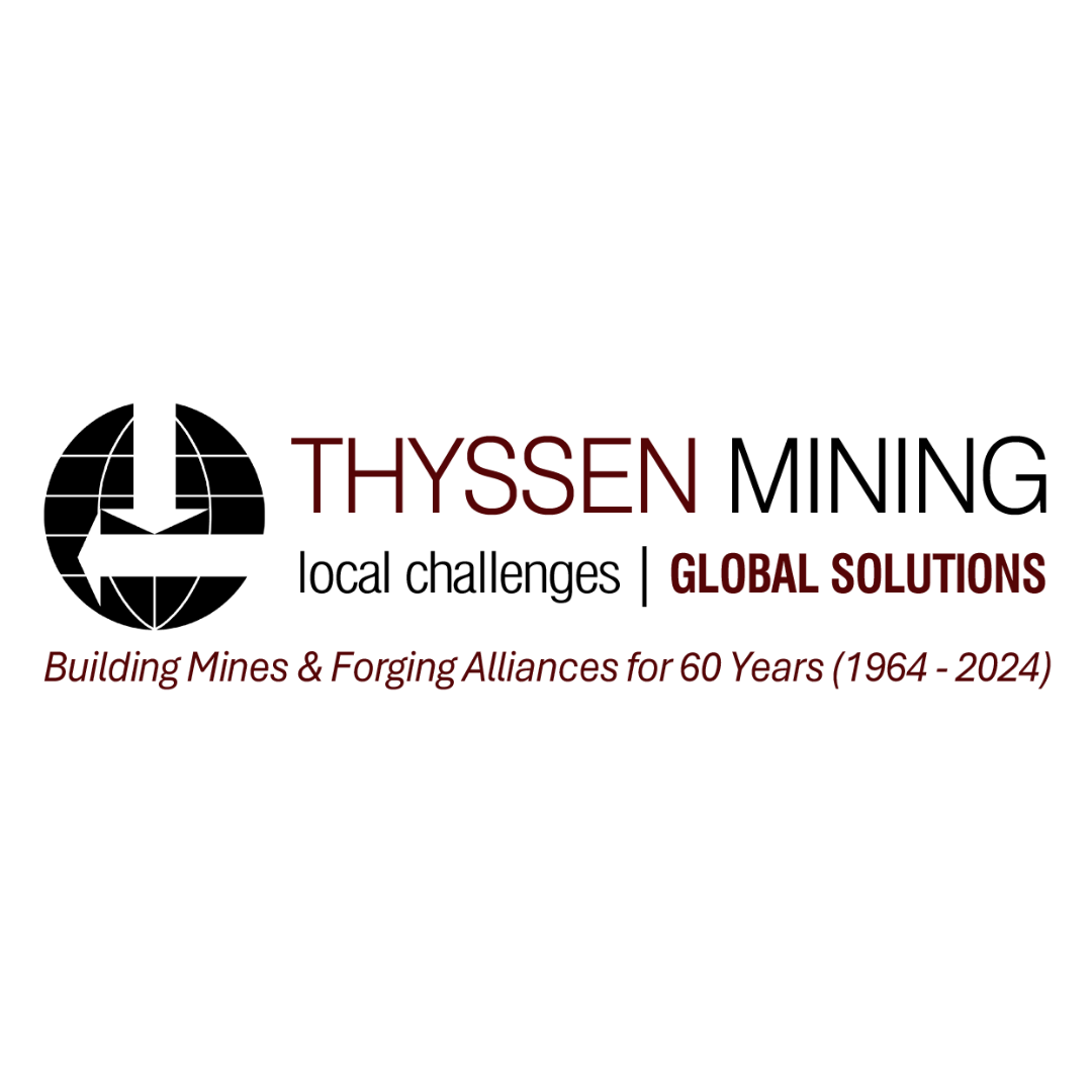 The logo for thyssen mining local challenges global solutions building mines and forging alliances for 60 years.