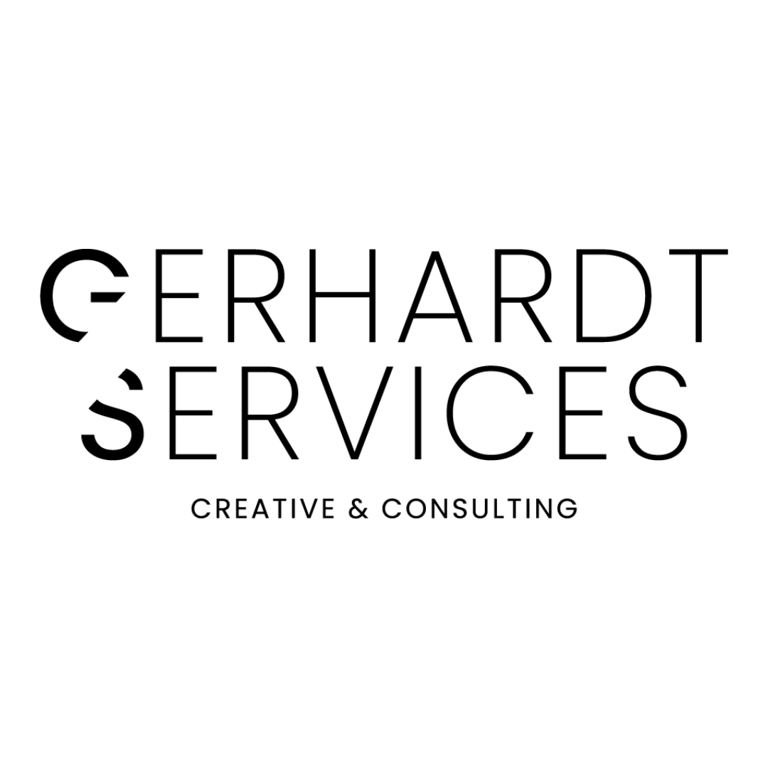 The logo for gerhardt services creative and consulting is black and white.