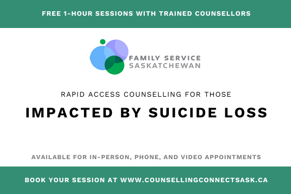 An informational graphic for Family Service Saskatchewan offering free counseling for those impacted by suicide loss.