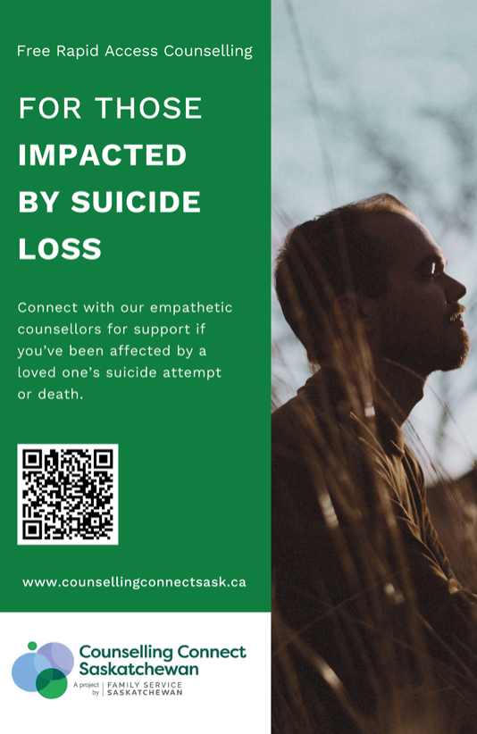 Flyer for Counseling Connect Saskatchewan offering free support for those impacted by suicide loss, including a QR code.