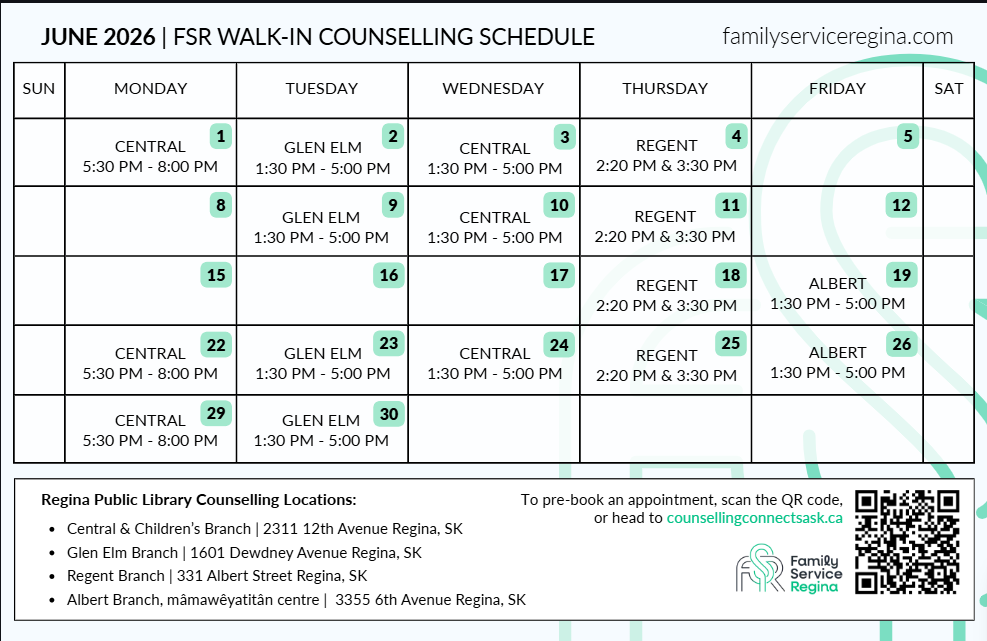 June 2026 walk-in counseling schedule calendar with weekly dates and appointment times, plus a QR code.