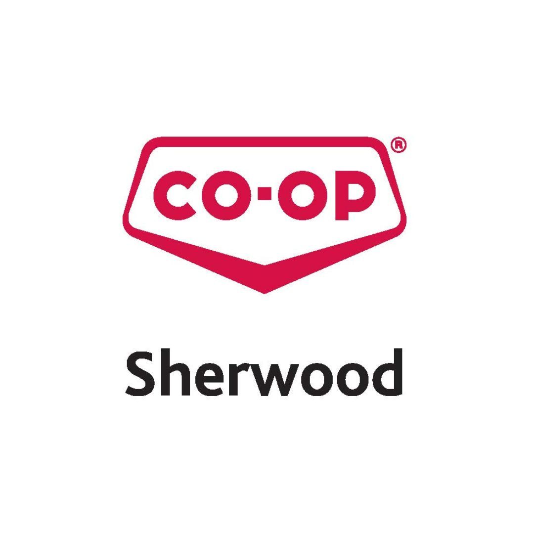 The logo for co-op sherwood is red and black.