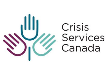 A logo for crisis services canada with three hands and the words `` crisis services canada ''.