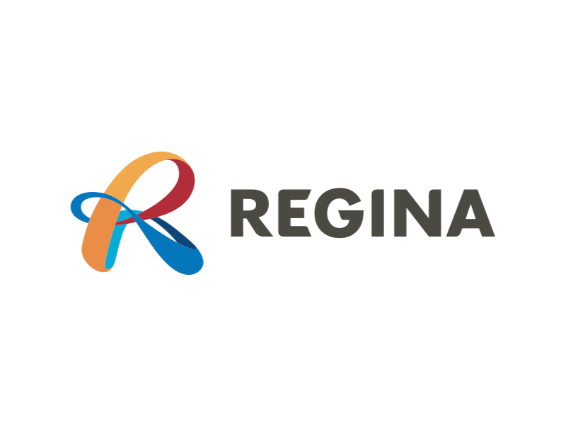 The logo for regina is a colorful ribbon with a letter r in the middle.