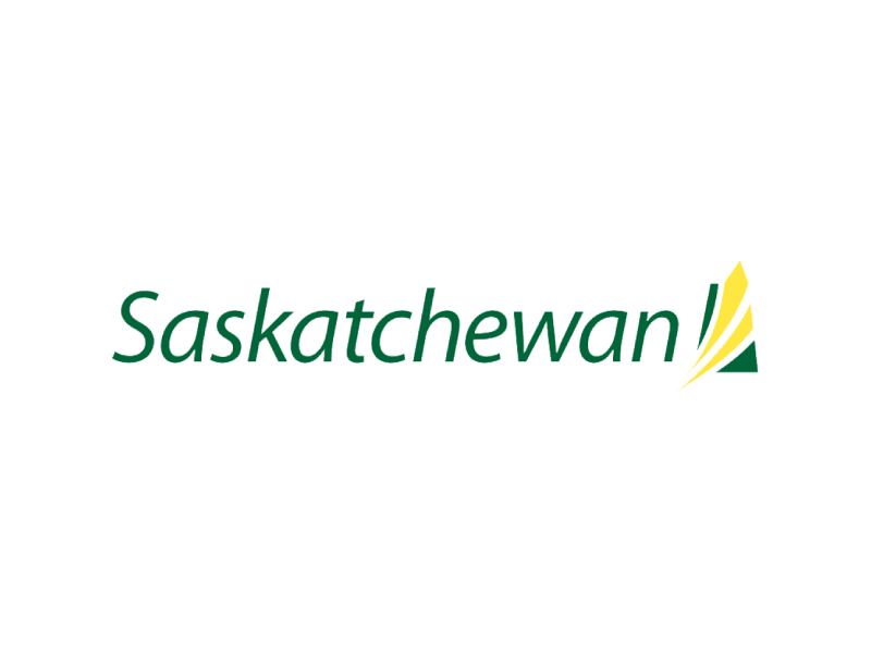 The logo for saskatchewan is green and yellow with a yellow arrow.