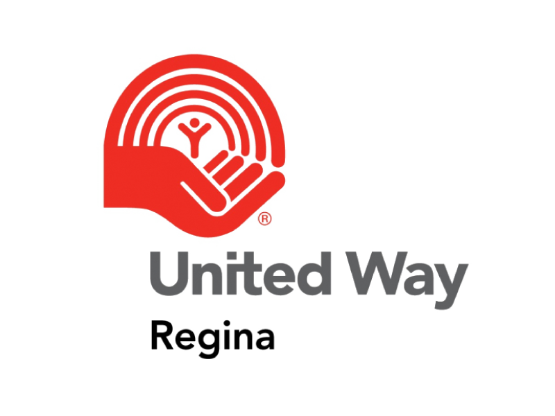 The logo for united way regina is a red hand holding a rainbow.