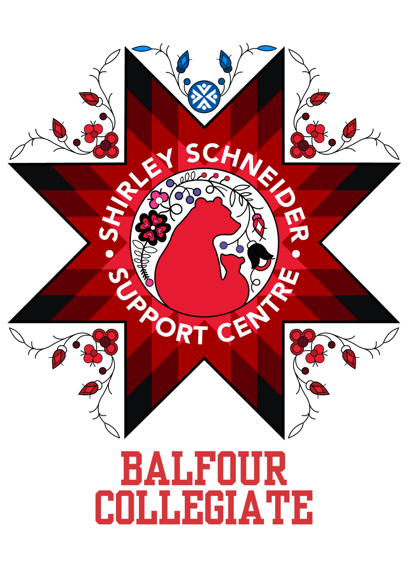 A logo for balfour collegiate centre with a bear sitting on top of another bear.
