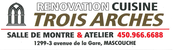 Logo pour la rénovation d'une cuisine à Trois Arches. Texte marron et blanc avec une icône rappelant une église, un numéro de téléphone et l'adresse de Mascouche.